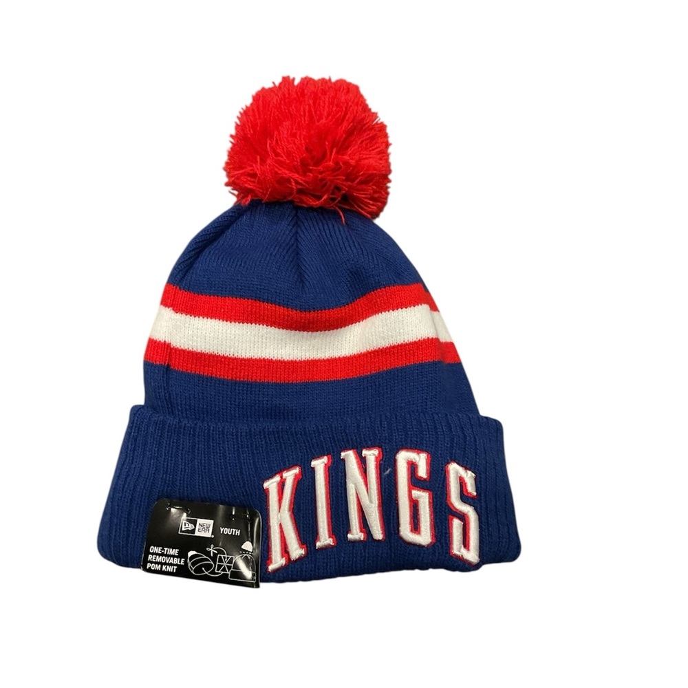 New Era Sacramento Kings Youth NBA Knit Beanie Blue Red Removable Pom Hat NEW